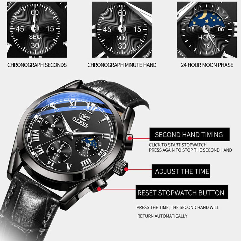 [Australia] - OLEVS Mens Watches Leather Chronograph Gents Watch Moon Phase Calendar Waterproof Luminous Analog Quartz Multifunction Fashion Business Dress Watches for Men Black Leather & Black Face 