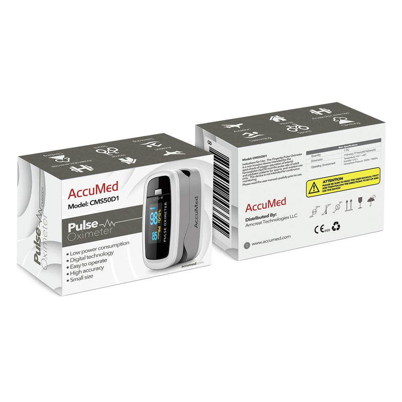 [Australia] - AccuMed CMS-50D1 Fingertip Pulse Oximeter Blood Oxygen Sensor SpO2 for Sports and Aviation. Portable and Lightweight with LED Display, 2 AAA Batteries, Lanyard and Travel Case (White) 