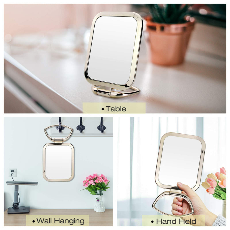 [Australia] - 1x/3x Double Sided Magnifying Handheld Mirror,Travel Folding Makeup Mirror，Square Small Standing Vanity Mirror for Multi-Hanging Wall Mirror (Gold) Gold 