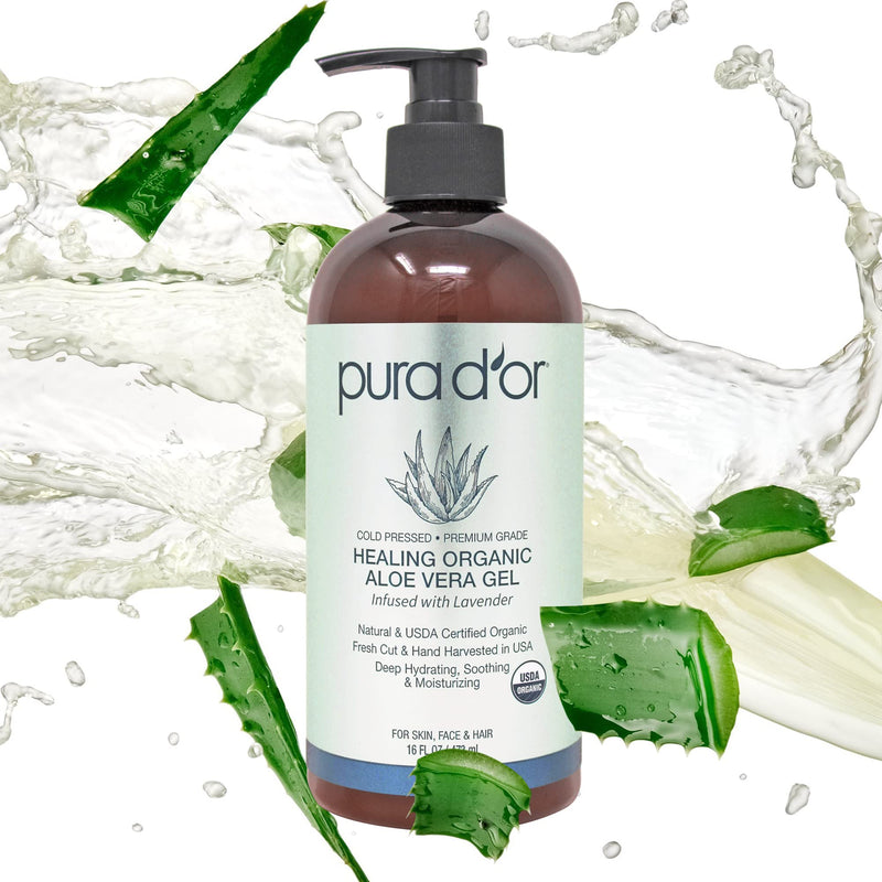 [Australia] - PURA D'OR Organic Aloe Vera Gel Lavender (16oz) All Natural - ZERO Artificial Preservatives - Deeply Hydrating & Moisturizing - Sunburn, Bug Bites, Rashes, Small Cuts, Eczema Relief - For Skin & Hair 16 Fl Oz (Pack of 1) 