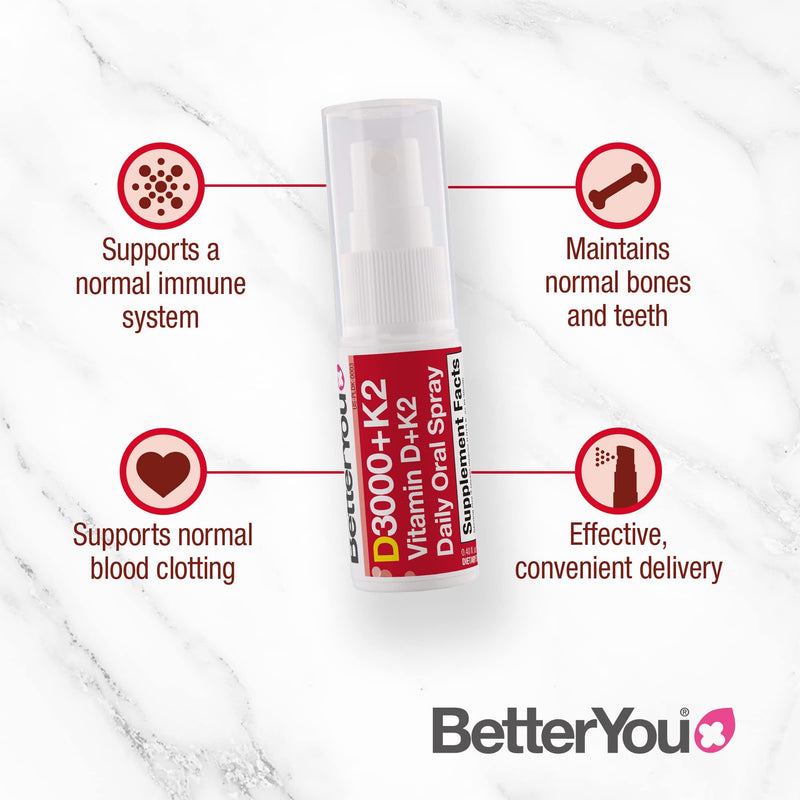 [Australia] - BetterYou Vitamin D3000+K2 Daily Oral Spray | Natural Daily Multivitamin Spray and Immune System Support | Natural Peppermint Flavour | 12ml (30 Daily Doses) 