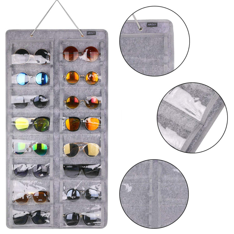 [Australia] - AROUY Sunglasses Organizer Storage, Hanging Dust Proof Wall Pocket Glasses Organizer - 16 Felt Slots Sunglass Organizer Holder with Metal Hook and Sturdy Rope (Gray, Dust Proof) Gray, Dust Proof 