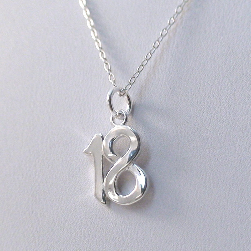 [Australia] - FashionJunkie4Life Sterling Silver Number 18 Eighteen Charm Necklace, 18" Chain, 18th Birthday Anniversary 