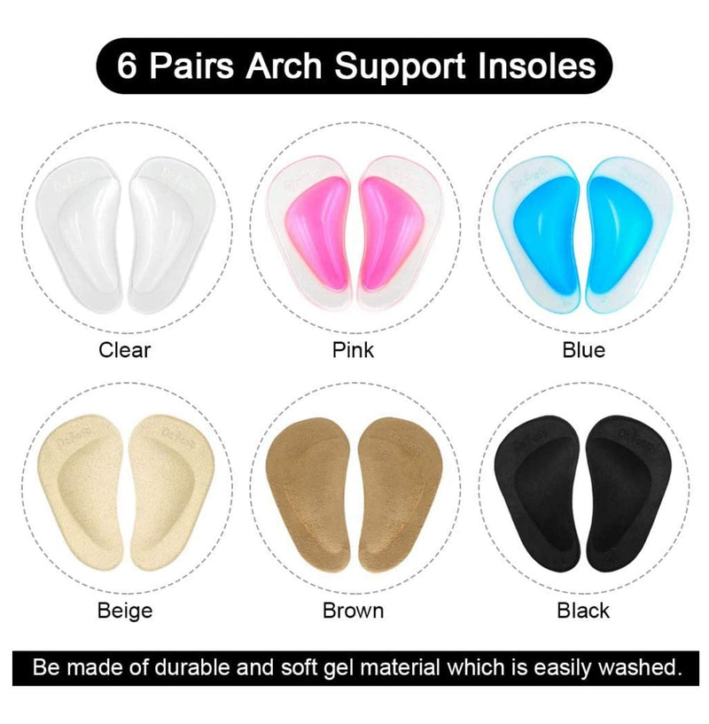 [Australia] - Dr. Foot's Gel Arch Support Cushions for Flat Feet, Shoe Insoles for Flat Feet, Reusable Arch Inserts for Plantar Fasciitis, Arch Support Shoe Inserts for Men & Women (6 Colors - 6 Pairs) 6 Colors - 6 Pairs 