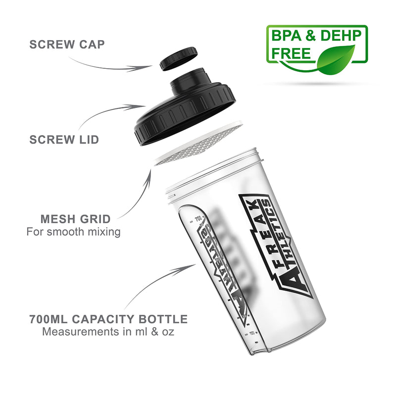 [Australia] - Protein Shaker Bottle 700ml Premium BPA Free shaker Bottle by Freak Athletics (Clear Transparent / Black Lid) Clear Transparent / Black Lid 