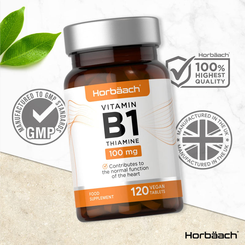 [Australia] - Vitamin B1 Thiamine 100mg | 120 Vegan Tablets | High Strength Supplement | Supports Heart Health, Energy Levels, Immune & Nervous System | No Artificial Preservatives | by Horbaach 120 Count (Pack of 1) 