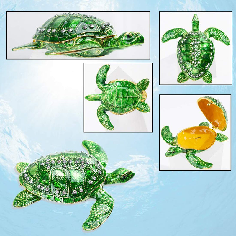 [Australia] - Sea Turtle Hinged Trinket Box Green Tortoise Crystals Bejeweled Jewelry Holder Box Collectible (Green) 