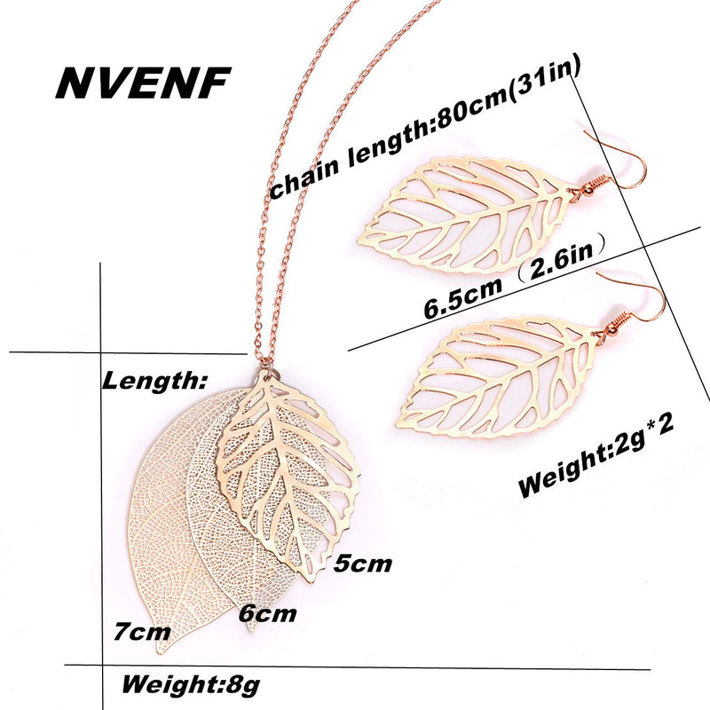 [Australia] - NVENF Leaf Earrings and Long Necklaces Set for Women Boho Gold-Tone Multi Tiered Leaves Delicate Chain Dangle Necklace SimpleLeaf Statement Dangling Earrings A Rose gold & Silver 