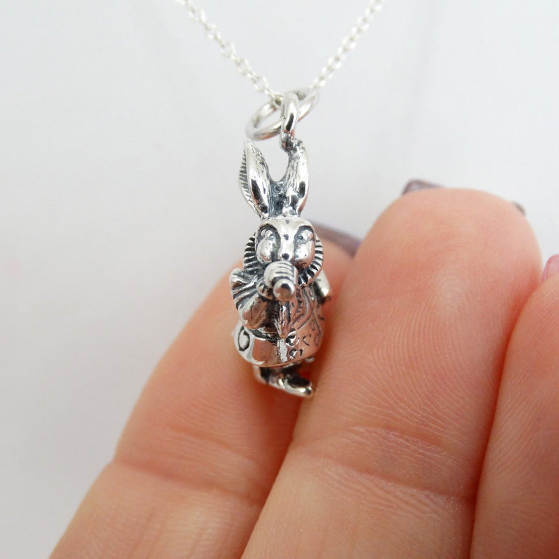 [Australia] - FashionJunkie4Life Sterling Silver 3D White Rabbit Charm Necklace, 18" Chain, Alice in Wonderland Character 