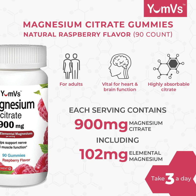 [Australia] - Magnesium Citrate Gummies by YumVs | 900mg Magnesium Citrate (102mg of Elemental Magnesium) | Highly Absorbable Citrate | Supports Nerve, Enzyme & Muscle Function for Adults | 90 Count 