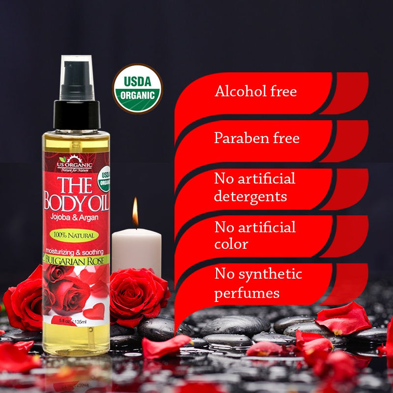 [Australia] - US Organic Body Oil - Romantic Sexy Bulgarian Rose- Jojoba and Argan Oil with Vitamin E, USDA Certified Organic, No Alcohol, Paraben, Artificial Detergents, Color or Synthetic perfumes, 5 Fl.oz. 