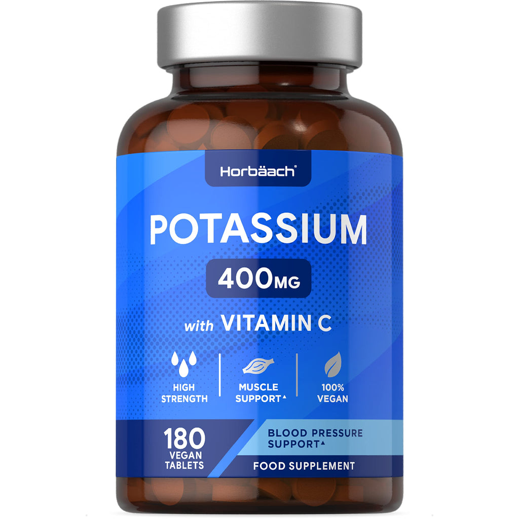 [Australia] - Potassium Supplement 400mg with Vitamin C | 180 Vegan Tablets | Potassium Chloride for Normal Blood Pressure & Muscle Support | No Artificial Preservatives | by Horbaach 