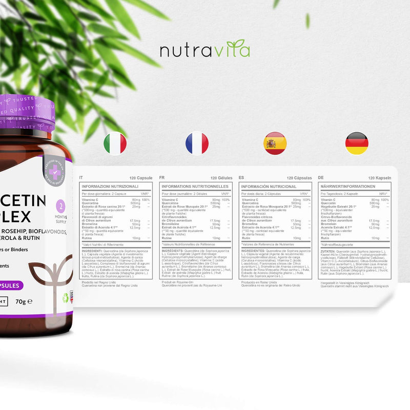 [Australia] - Quercetin 500mg with Bromelain & Vitamin C - 120 Vegan Capsules � for Immune Support - Blended with Rosehip, Bioflavonoids, Acerola and Rutin � Made in The UK by Nutravita 