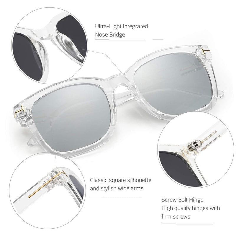 [Australia] - Myiaur Fashion Sunglasses for Women Polarized Driving Anti Glare 100% UV Protection Stylish Design Transparent Frame/Silver Mirror Polarized Lens 