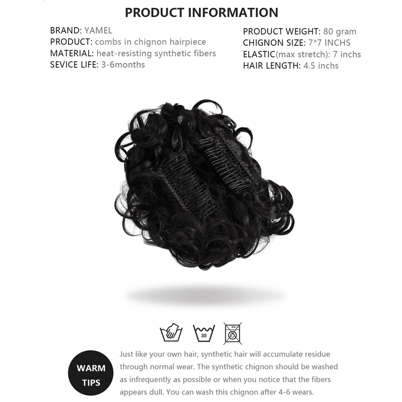 [Australia] - Yamel Combs in Messy Bun Hair Piece Curly Bun Extensions Synthetic Natural Black Updo Chignon Hairpiece for Women 1B# Off Black Natural 