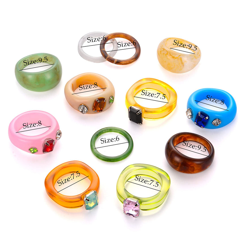 [Australia] - BMMYE 12Pcs Resin Rings for Women Girls Colorful Wide Thick Dome Acrylic Rings Retro Chunky Plastic Transparent Finger Ring for Adult Women's Beach Jewelry Style 1 