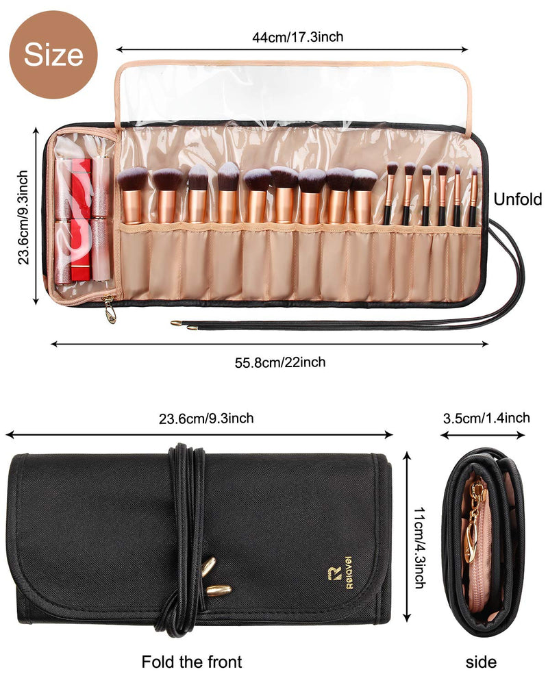 [Australia] - Relavel Makeup Brush Rolling Case Makeup Brush Bag Pouch Holder Cosmetic Bag Organizer Travel Portable Cosmetics Brushes Black Leather Case with Small Clear Bag 15 Slots 