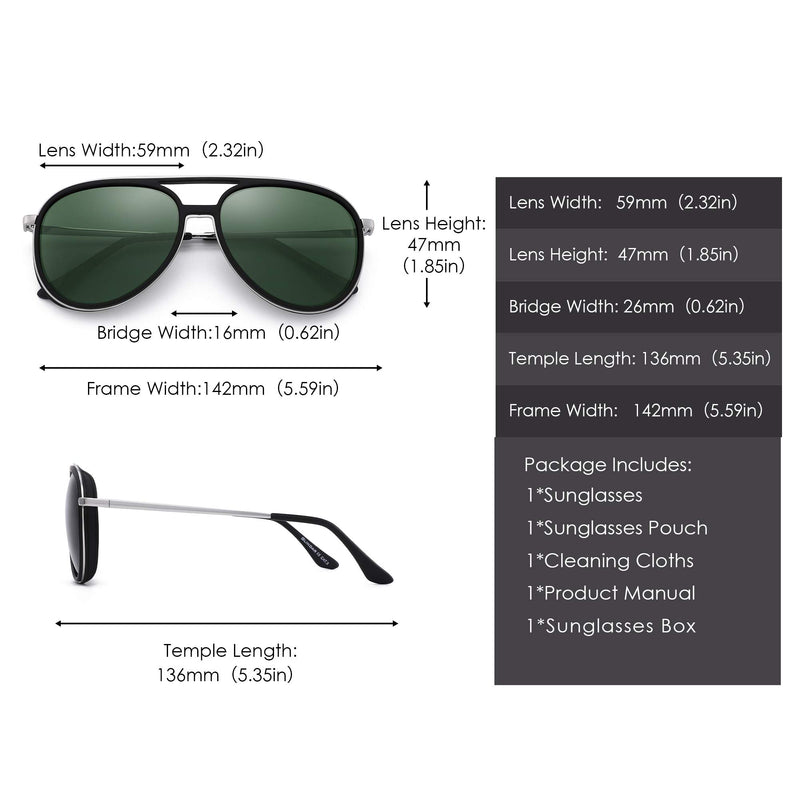 [Australia] - GLINDAR Retro Polarized Aviator Sunglasses Men Women Lightweight Plastic Driving Glasses Black Silver Frame / Polarized Green Lens 59 Millimeters 