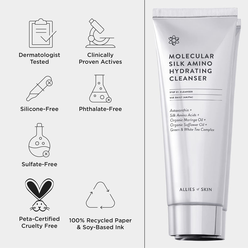 [Australia] - Allies of Skin Molecular Silk Amino Hydrating Cleanser: Hyaluronic Acid, Ceramides, Safflower & Moringa Oils. Nourishes, Conditions & Repairs 3.4 oz 