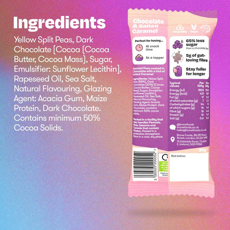 [Australia] - BRAVE Roasted Peas: Chocolate & Salted Caramel - Delicious Healthy Snacks - Vegan, Dairy-free - Source of Plant Protein & Fibre - Lower Sugar - Plant-based - Box of 12 packs (30g each) 
