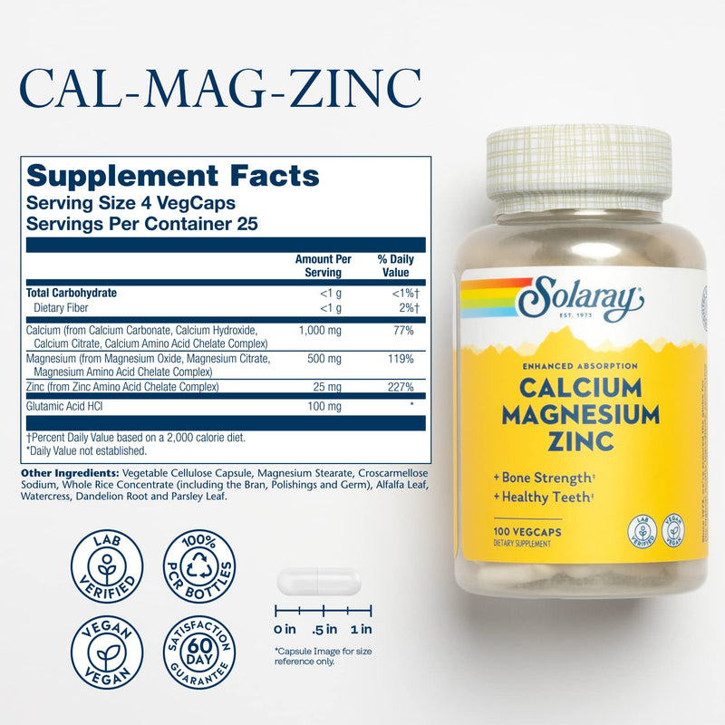[Australia] - Solaray Calcium Magnesium Zinc Supplement, with Cal & Mag Citrate, Strong Bones & Teeth Support, Easy to Swallow Capsules, Vegan, 60 Day Money Back Guarantee, 25 Servings, 100 VegCaps 100 Count (Pack of 1) 