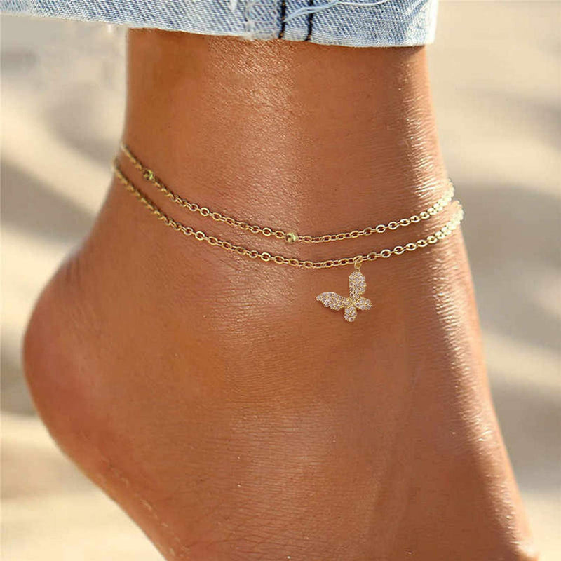 [Australia] - Ldurian Layered Initial Heart Anklet for Women, Personalized 14K Gold Plated Little Cute Heart Letter Ankle Bracelet, Dainty Foot Jewelry, Summer Boho Beach Foot Chain, Gift for Her 01 Butterfly Layered Anklet 