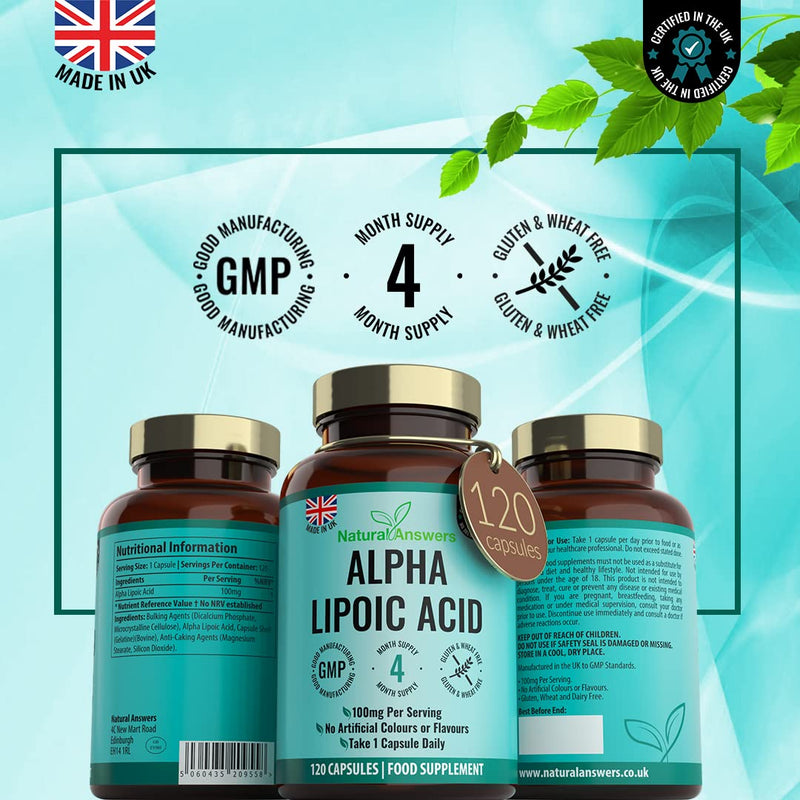 [Australia] - 120 Alpha Lipoic Acid (ALA) 100mg Capsules - (4 Months Supply) Food Supplement Nervous System Support - UK Manufactured 