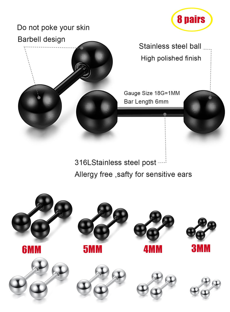 [Australia] - LOYALLOOK 8 Pairs Stainless Steel Ball Stud Earrings Barbell Cartilage Helix Ear Piercing 3-6mm 2 Colors 18G (4 pairs white+4 pairs black) 