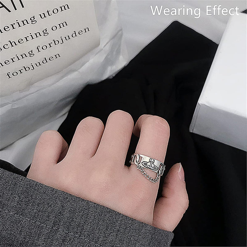 [Australia] - Beccalame Saturn Chain Sterling Silver Adjustable Ring Y2K Edgy Rings Fashion Handmade Jewelry Gift For Women Men Tassel Dangling Chain Ring 