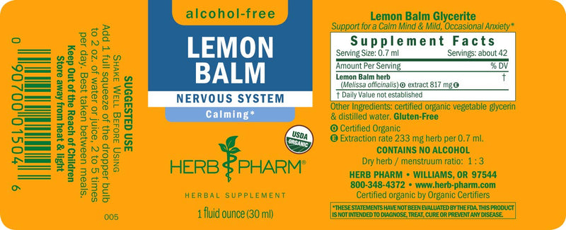 [Australia] - Herb Pharm Certified Organic Lemon Balm Liquid Extract for Calming Nervous System Support, Alcohol-Free Glycerite, 1 Oz 1 Fl Oz (Pack of 1) 