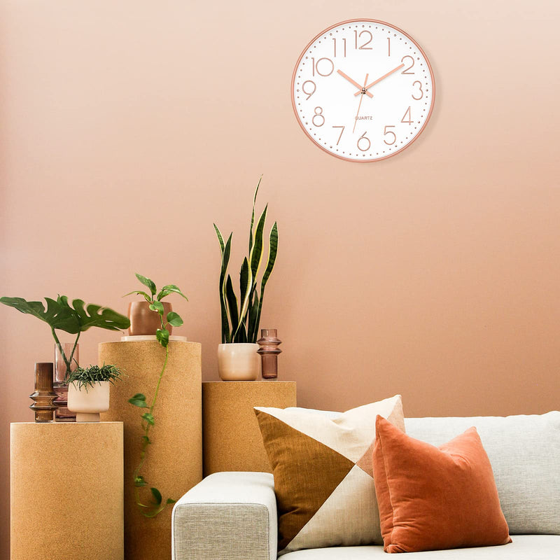 [Australia] - Foxtop Modern Wall Clock 12 Inch Non-Ticking Rose Gold Wall Clock Silent Battery Operated Round Quartz Clock for Living Room Bedroom Home Office School Decor 