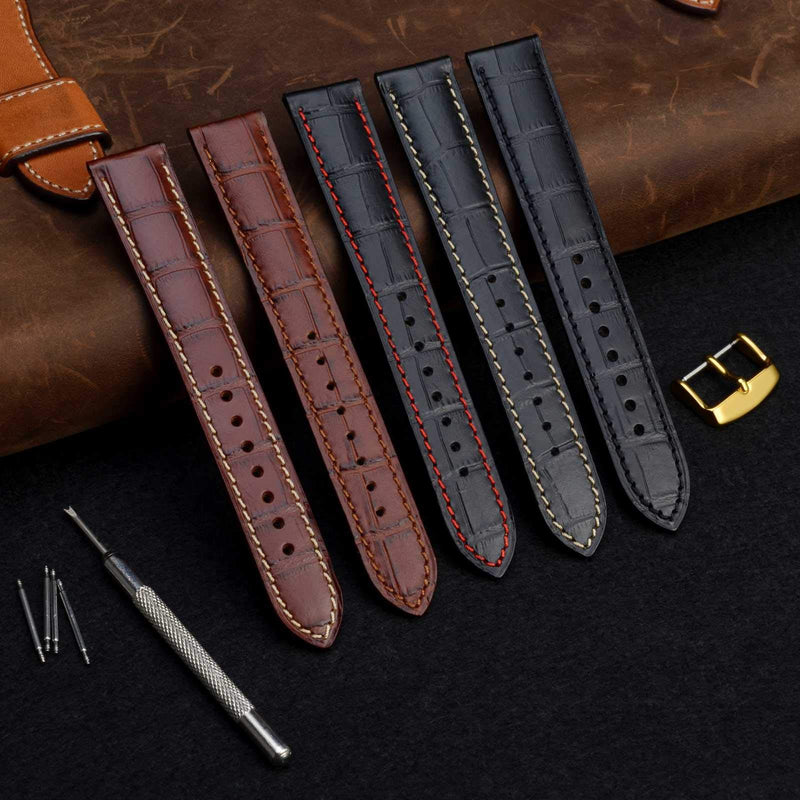 [Australia] - WOCCI 18mm 19mm 20mm 21mm 22mm Alligator Embossed Leather Watch Band, Replacement Strap for Men or Women Band Width: 18mm Black / Contrasting Seam with Gold Buckle 