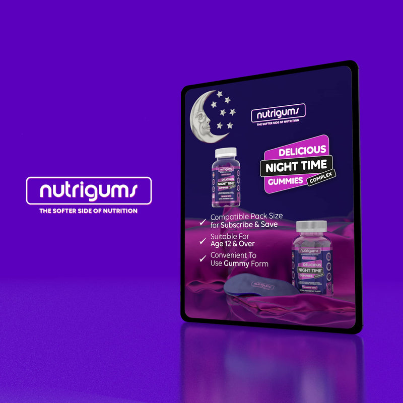 [Australia] - NUTRIGUMS® Night Time Complex. 60 Vegan Gummies. Support Sleep with Griffonia Seed (5HTP), L-Theanine, Passionflower, Chamomile, Lemon Balm & Lavender. Suitable for Adults & 12+ 