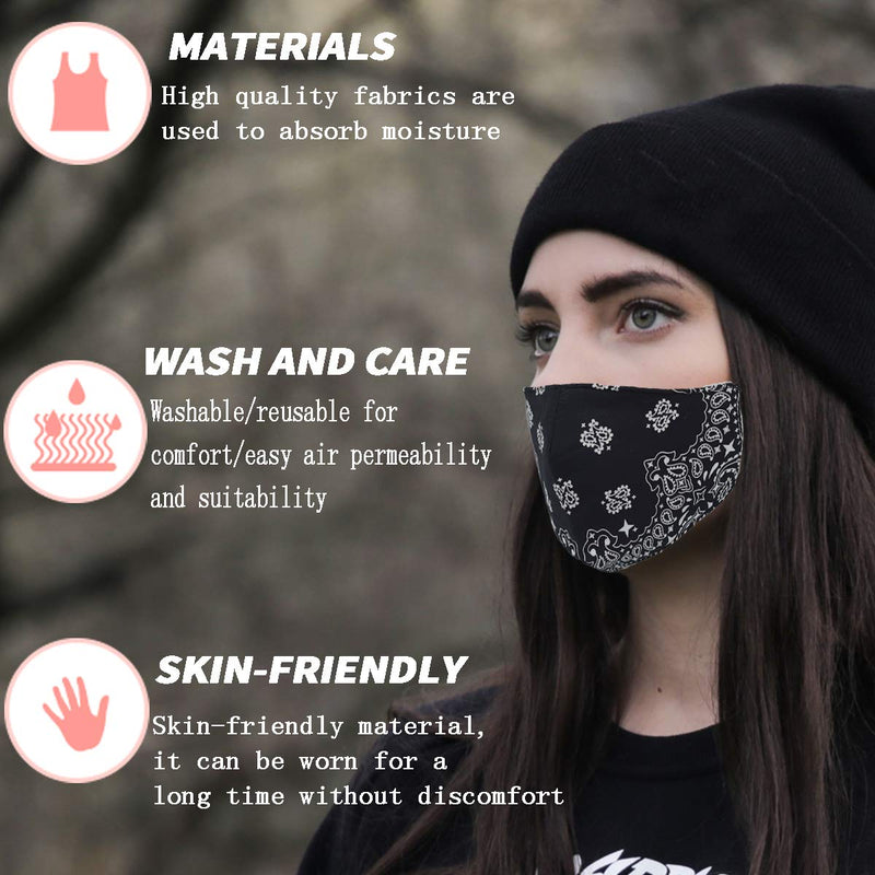 [Australia] - Face Cover Bandana, Soft Cotton Fabric Mask Half Face Protective, Fashion Unisex Paisley Balaclava Black Black Black 