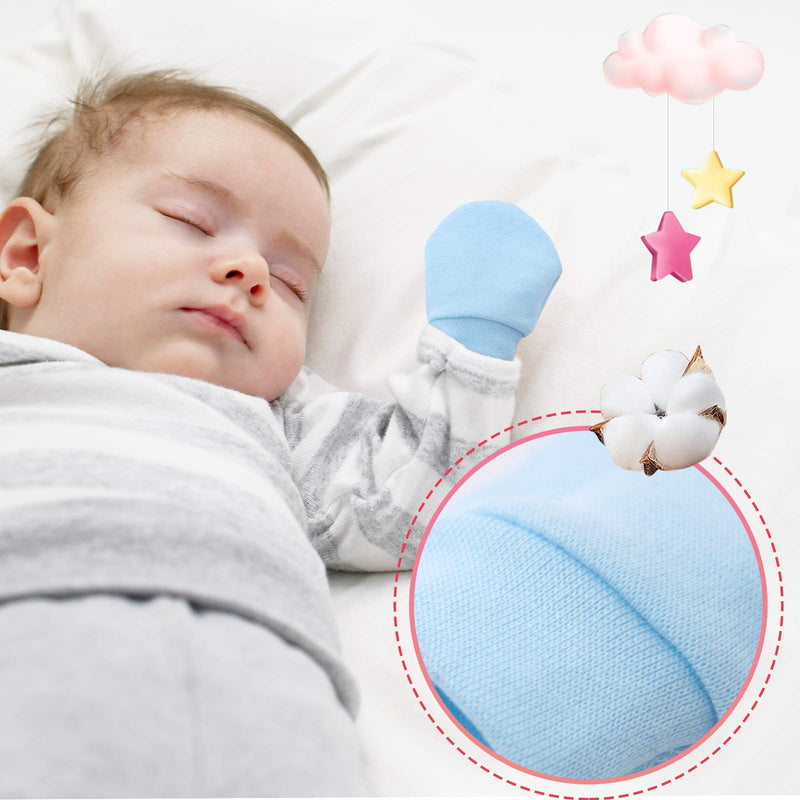 [Australia] - 6 Pairs Newborn Baby Cotton Gloves No Scratch Mittens for 0-6 Months Boys Girls 100% Cotton (6 PACK 1 WHITE BLUE) 