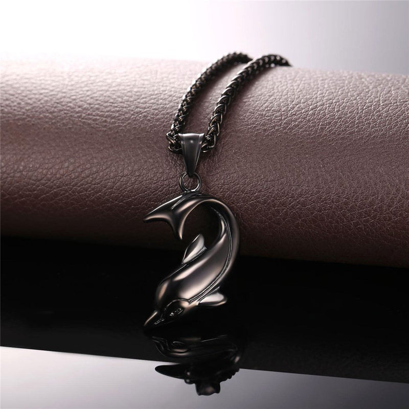 [Australia] - U7 Shark/Fish/Dolphin Pendant Animal Jewelry Men Boys Necklace with Stainless Steel/Gold/Black Gun Plated/925 Sterling Silver Chain 02.Dolphin Black Color 