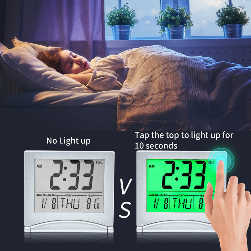 [Australia] - KANBIT Small Digital Travel Alarm Clock Battery Operated, Portable LCD Large Display Alarm Clock with Backlight, Temperature Desk Clock -Silver(Green Light) 