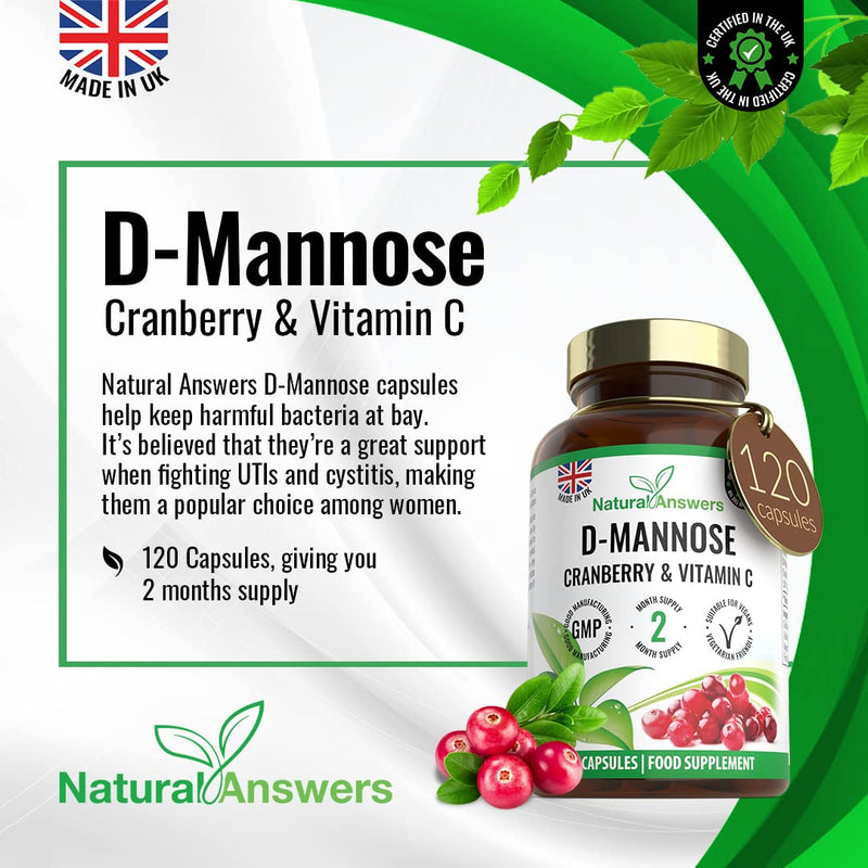 [Australia] - 120 D-Mannose Capsules with Vitamin C and Cranberry Extract - (2 Months Supply) 50:1 Cranberry Extract Immune Support Vegan Food Supplements - UK Manufactured 