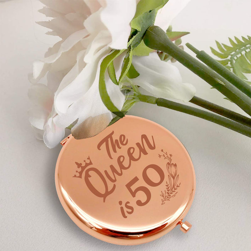 [Australia] - Warehouse No.9 The Queen 50th Birthday Gifts for Women, Double Sided Engraved Travel Compact Pocket Makeup Mirror Gift for Aunt Mother Birthday Anniversary 