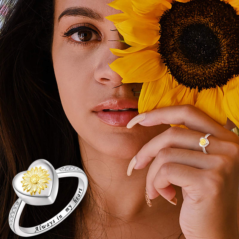 [Australia] - Fookduoduo Sterling Silver Sunflower Urn Ring Creamation Jewelry for Ashes Always in My Heart Urn Finger Rings for Women for Remembrance Keepsake Gift for Loss of Loved Furry Friend 6 