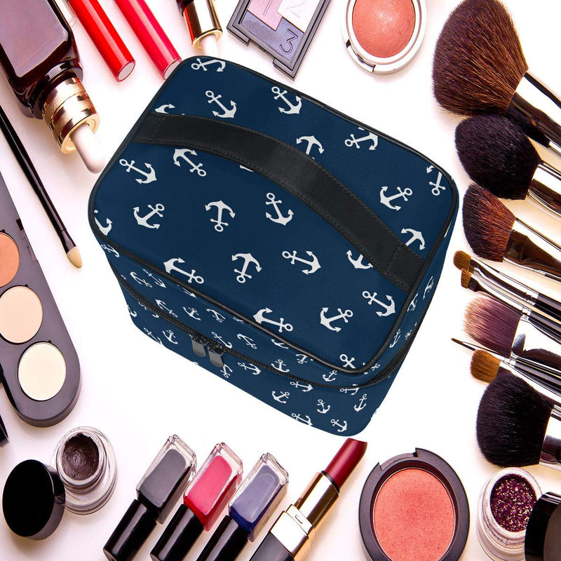 [Australia] - Nautical Anchor Makeup Bag Cosmetic Bag Toiletry Travel Brush Bag Train Case for Women marine symbol Navy Background Zip Carrying Portable Multifunctional Organizer Storage Pouch Bags Box 