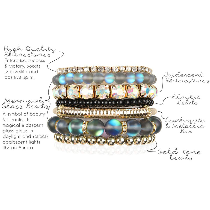 [Australia] - RIAH FASHION Multi Color Stretch Beaded Stackable Bracelets - Layering Bead Strand Statement Bangles Mermaid Glass - Black 7.0 Inches 