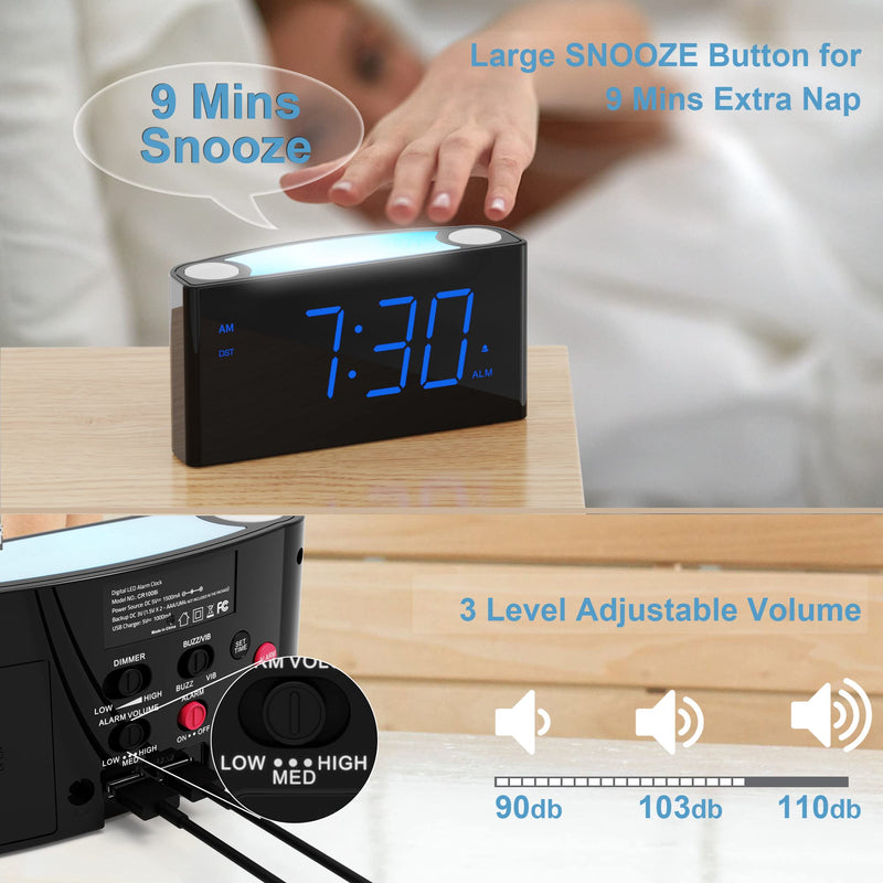 [Australia] - Digital Alarm Clock for Bedroom - 7 Color Night Light,2 USB Chargers,7.5" Large Number Screen & Slider Dimmer,12/24 H,Battery Backup,Easy Loud Electric Alarm Clock for Heavy Sleeper,Boy&Girl Kids Teen Blue Digits 