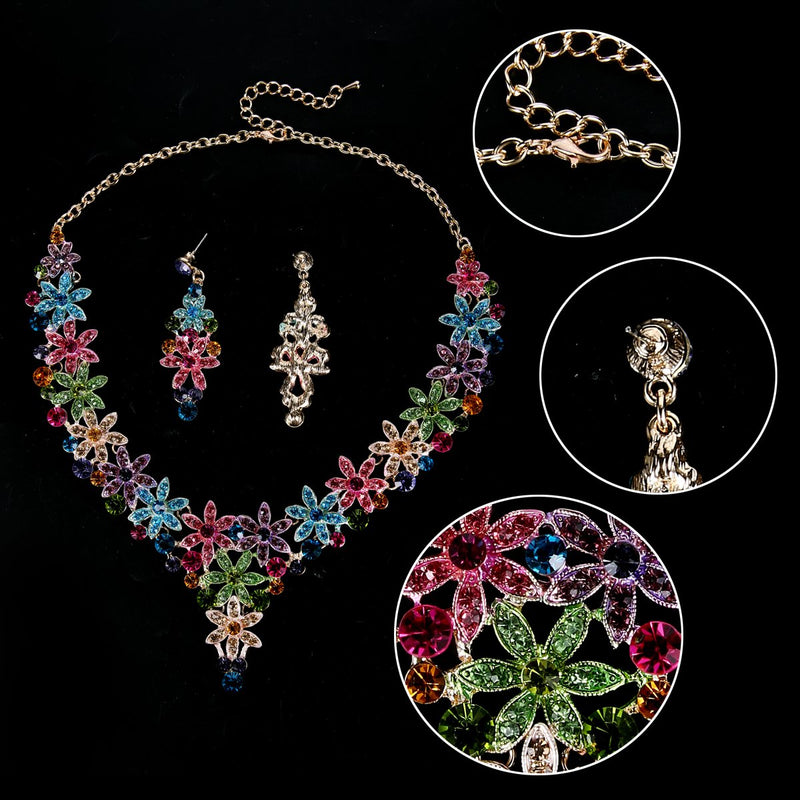 [Australia] - EVER FAITH Austrian Crystal Enamel Party Flower Cluster Drop Necklace Earrings Set Multicolor Gold-Tone 