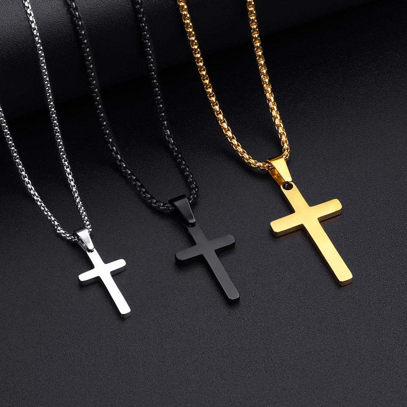 [Australia] - MONOZO Cross Necklace for Men, Stainless Steel Silver Gold Black Plain Cross Pendant Necklace Simple Jewelry Gifts, 16-24 Inches Chain 16.0 Inches Black: Cross Pendant 0.8"*0.4" 