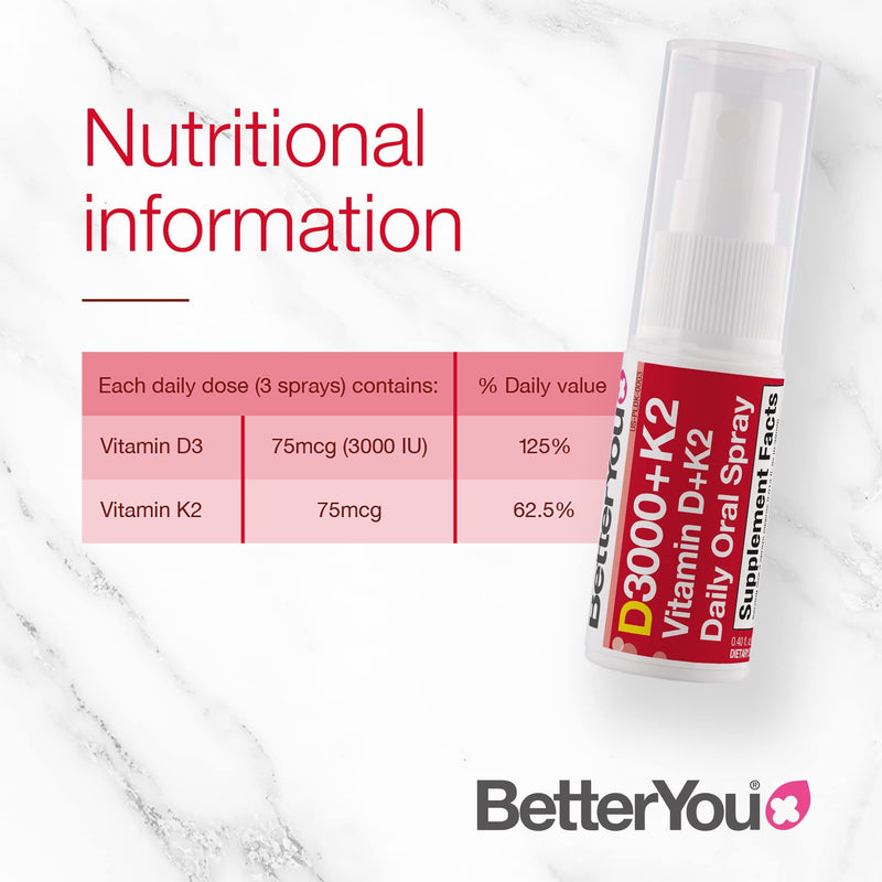 [Australia] - BetterYou Vitamin D3000+K2 Daily Oral Spray | Natural Daily Multivitamin Spray and Immune System Support | Natural Peppermint Flavour | 12ml (30 Daily Doses) 