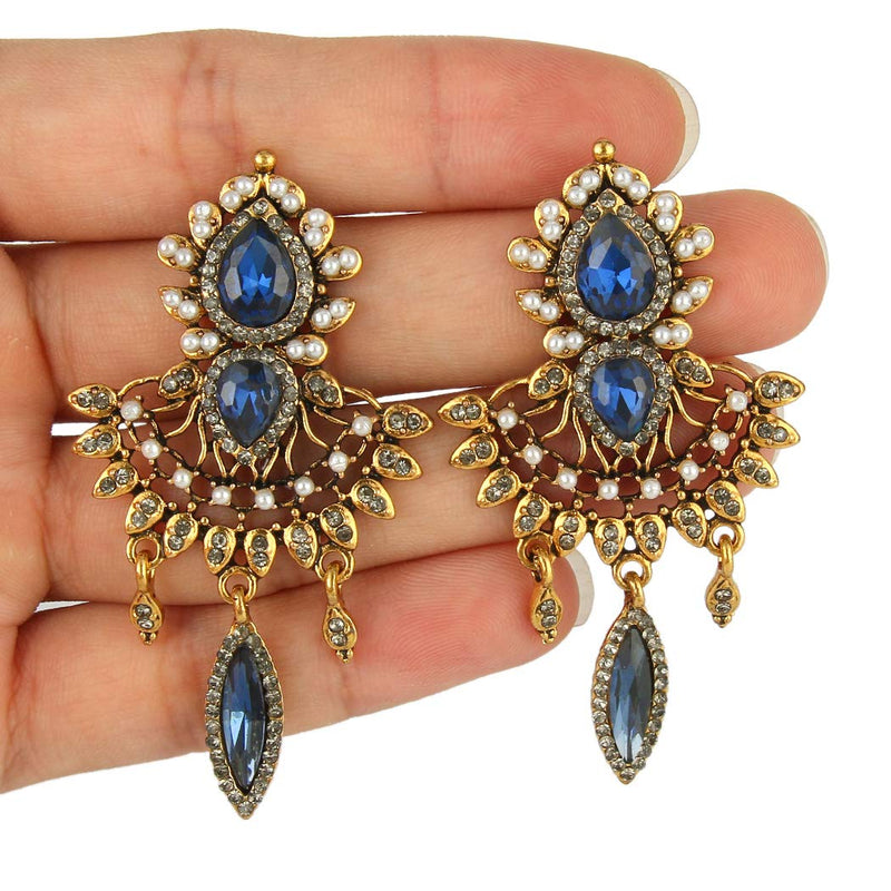 [Australia] - EleQueen Women's Antiqued-gold-tone Crystal Simulated Pearl Chandelier Art Deco Vintage Earrings Blue 