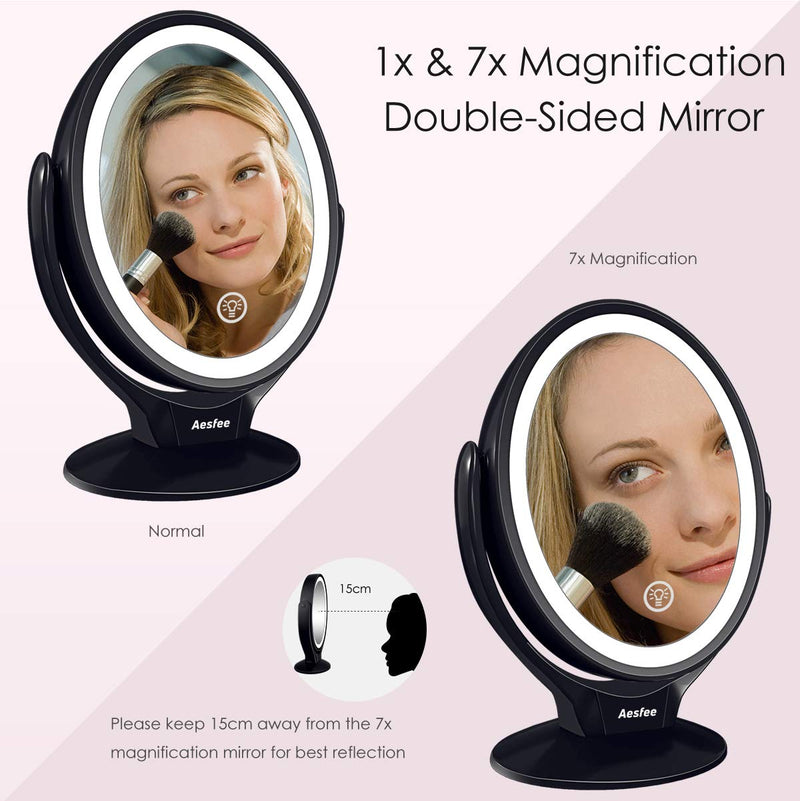 [Australia] - Aesfee LED Lighted Makeup Vanity Mirror Rechargeable,1x/7x Magnification Double Sided 360 Degree Swivel Magnifying Mirror with Dimmable Touch Screen, Portable Tabletop Illuminated Mirrors - Black 