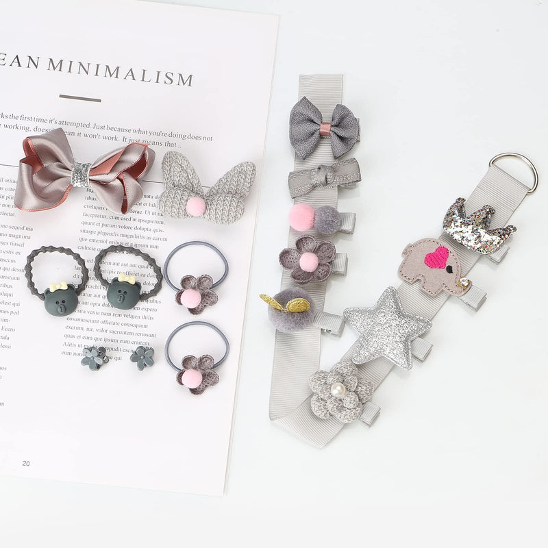 [Australia] - Girls Hair Accessories Gift Set, HQCM 18 Pieces Children Hair Clips Set for Christmas Birthday Gift, with Hairpins Ropes Bows Ties Barrettes Head Ornaments Silk Ribbon（Grey） Grey 