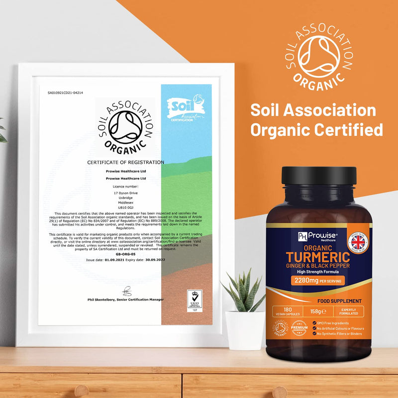 [Australia] - Organic Turmeric 2280mg (High Strength) with Black Pepper & Ginger - 180 Vegan Turmeric Capsules with Active Ingredient Curcumin I Soil Association Approved I UK Made by Prowise Healthcare 